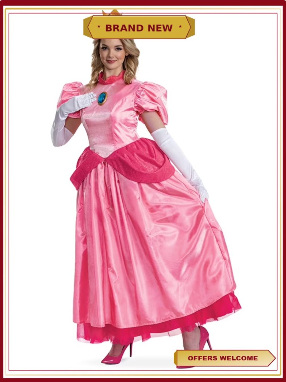 Princess Peach Halloween Costume Adult Women Satin Dress with Gloves & Crown